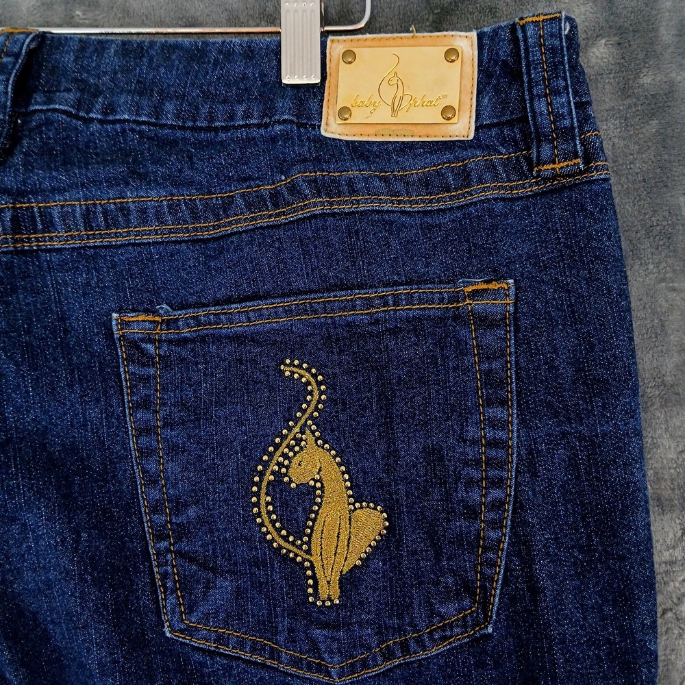 Baby Phat Jeans Womens 18 Blue Denim Stretch Embroidered Rhinestone Cat Logo - Picture 7 of 12